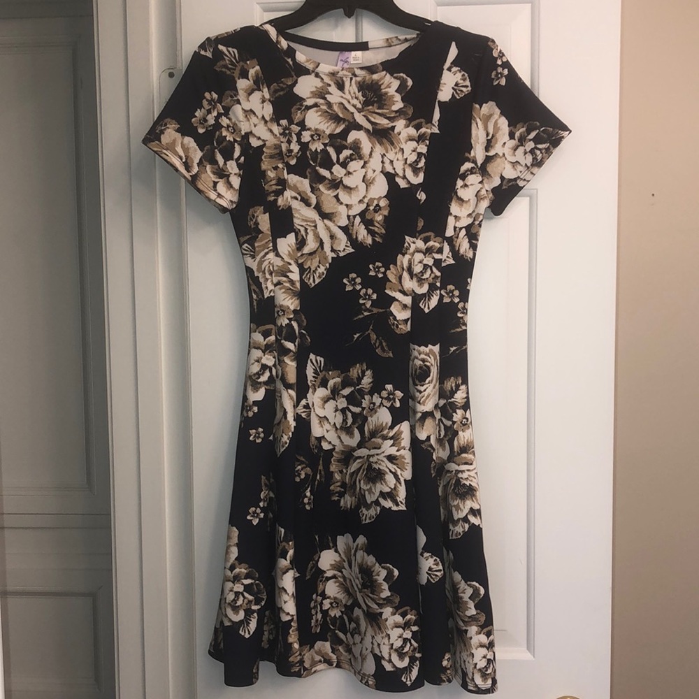 Navy and tan floral dress